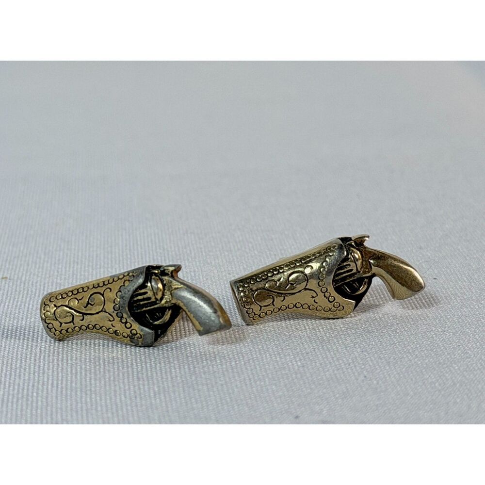 VTG Swank Western Cufflinks Holstered 6-Shooter Revolver Cowboy 1" Gold Silver